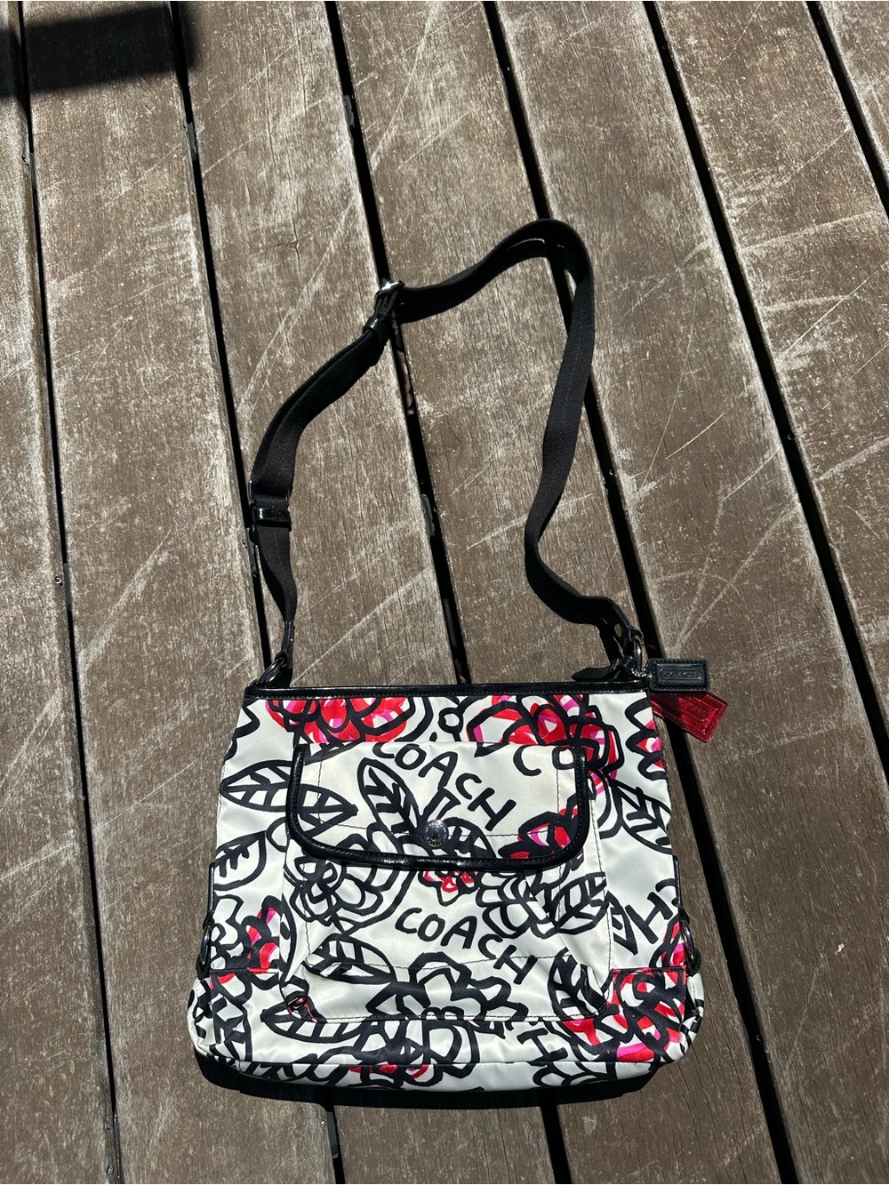 Coach White Floral Logo Crossbody with Black Strap and Pink Accents
